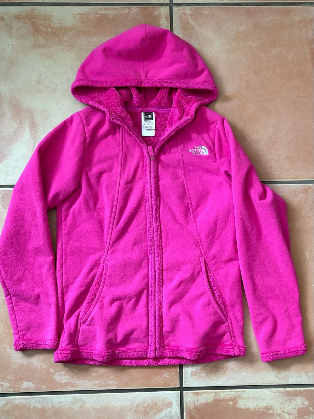 The North Face Girls' Bright Pink Hooded Fleece Jacket. Size L (14/16)